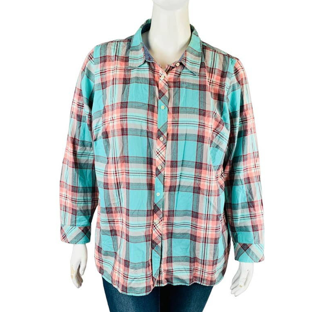 Talbots Womans Sz 2X Plus Shirt Button Front Long Sleeves Blue‎ Pink Top - Picture 1 of 8